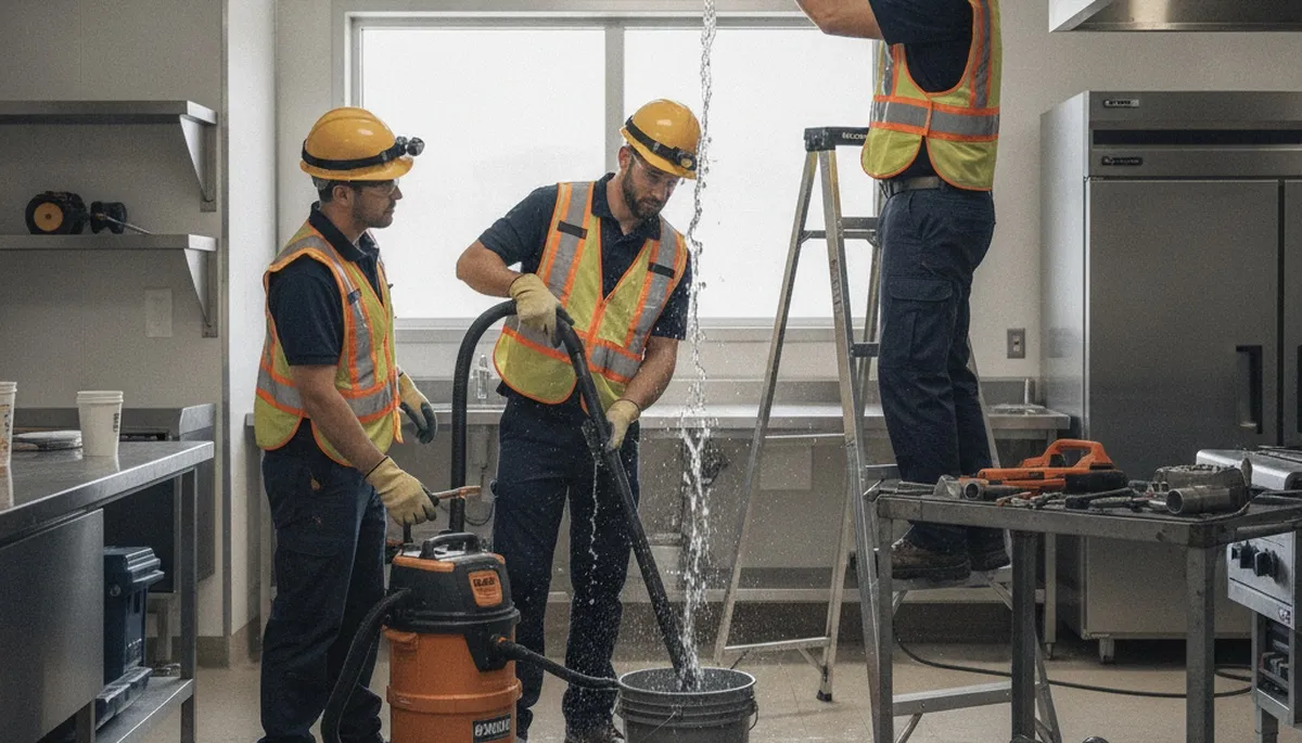Emergency plumber repairing a leak in Fresno, CA home with tools and pipe access panel