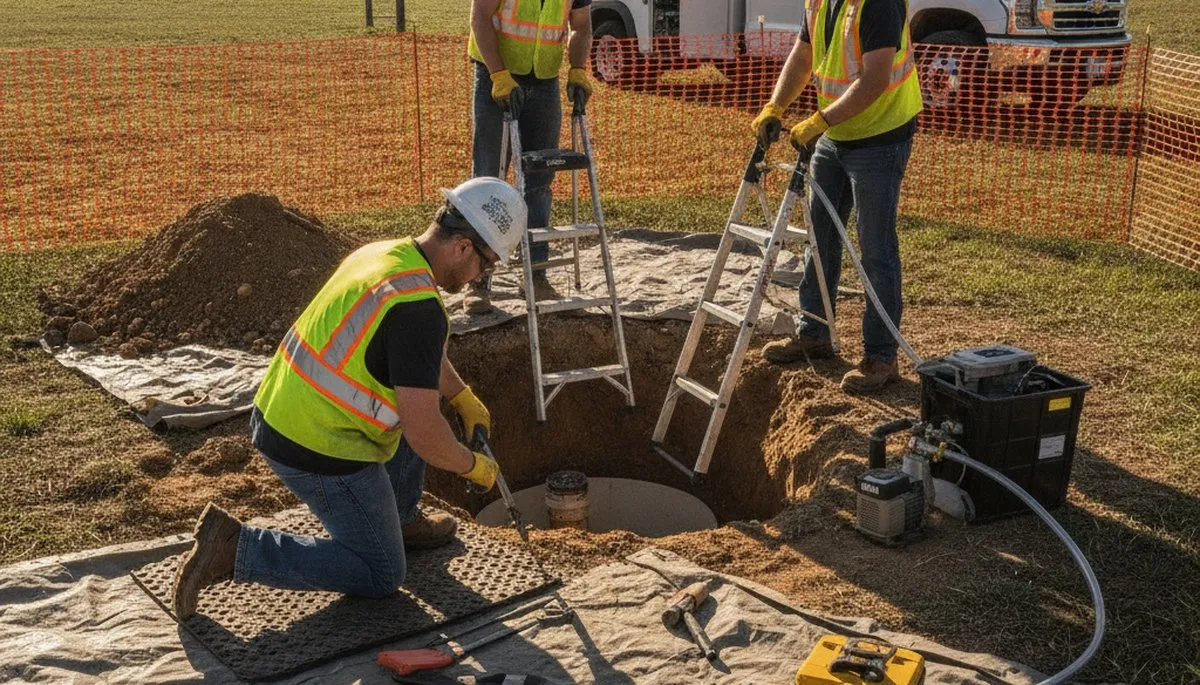 Septic repair technician inspecting a Fresno, CA home system for slow drains and failing components