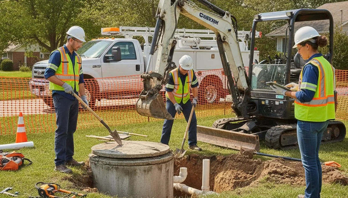 Septic repair technician servicing Fresno, CA home plumbing system for slow drains and failing components